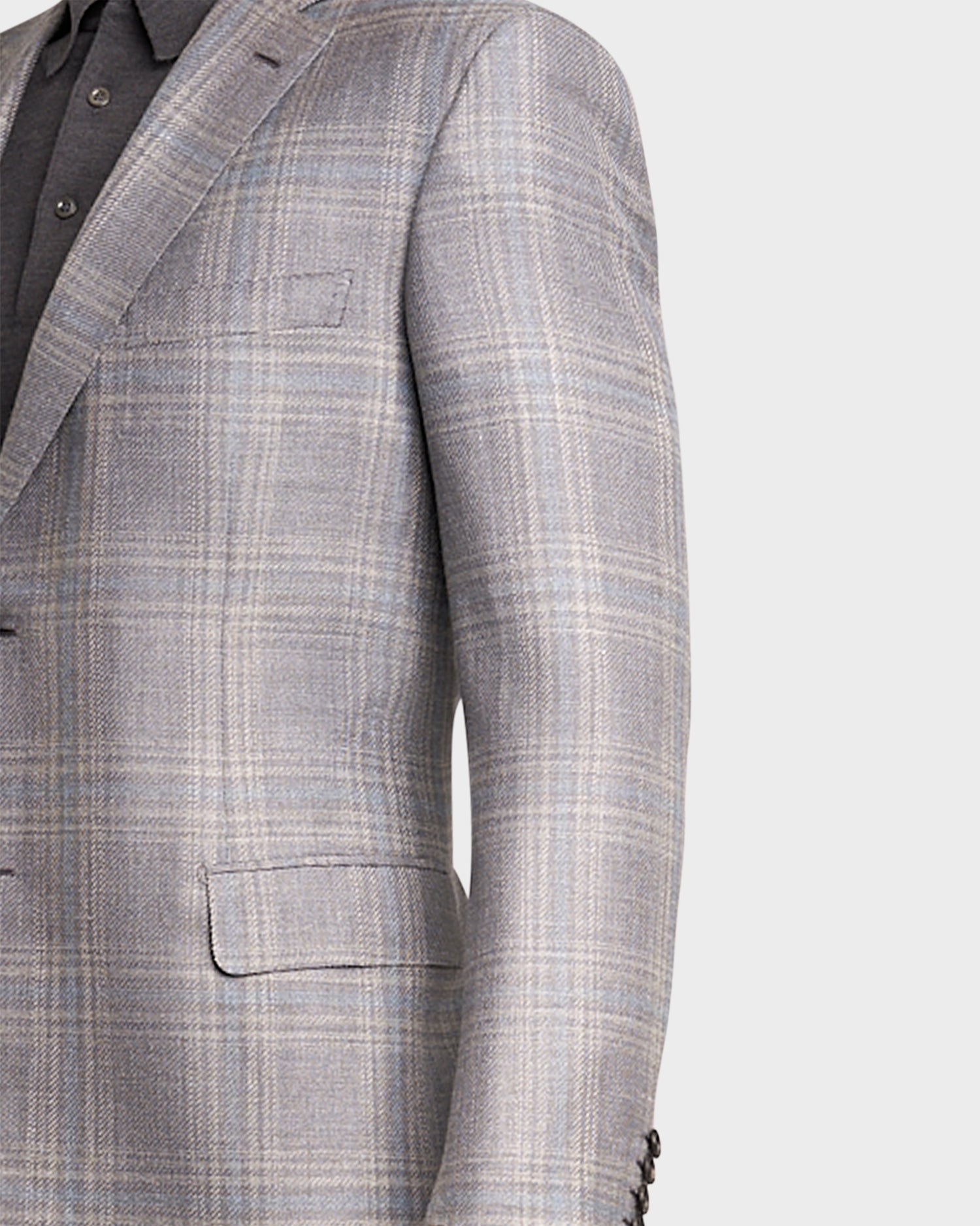 Grey And Light Blue Check Wool Silk Linen Sports Jacket