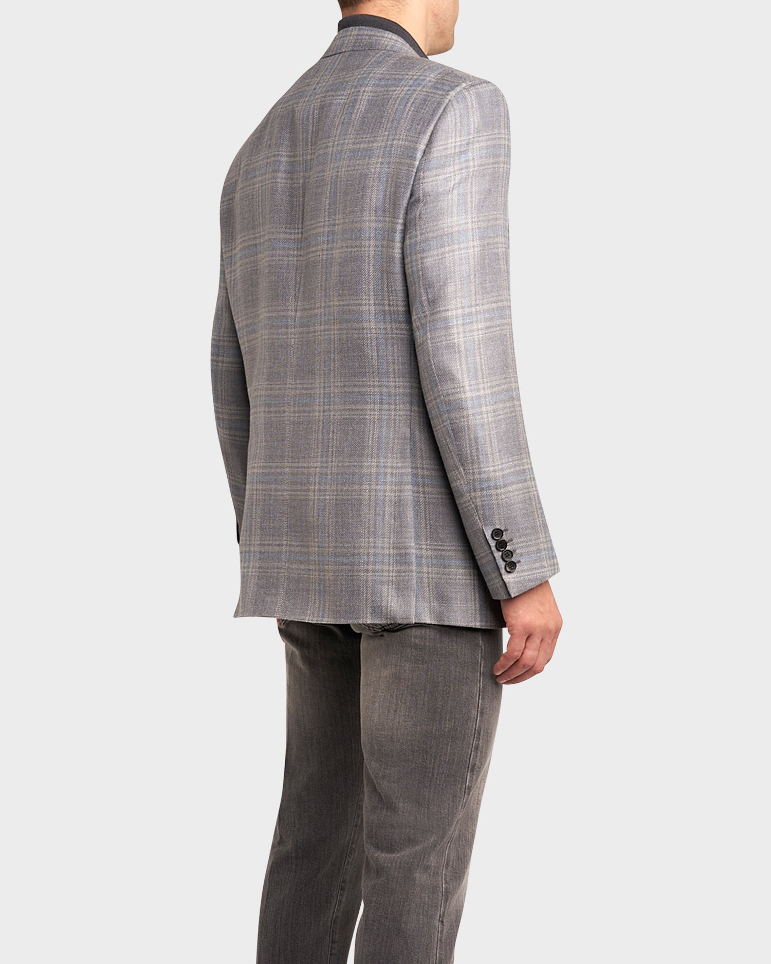 Grey And Light Blue Check Wool Silk Linen Sports Jacket
