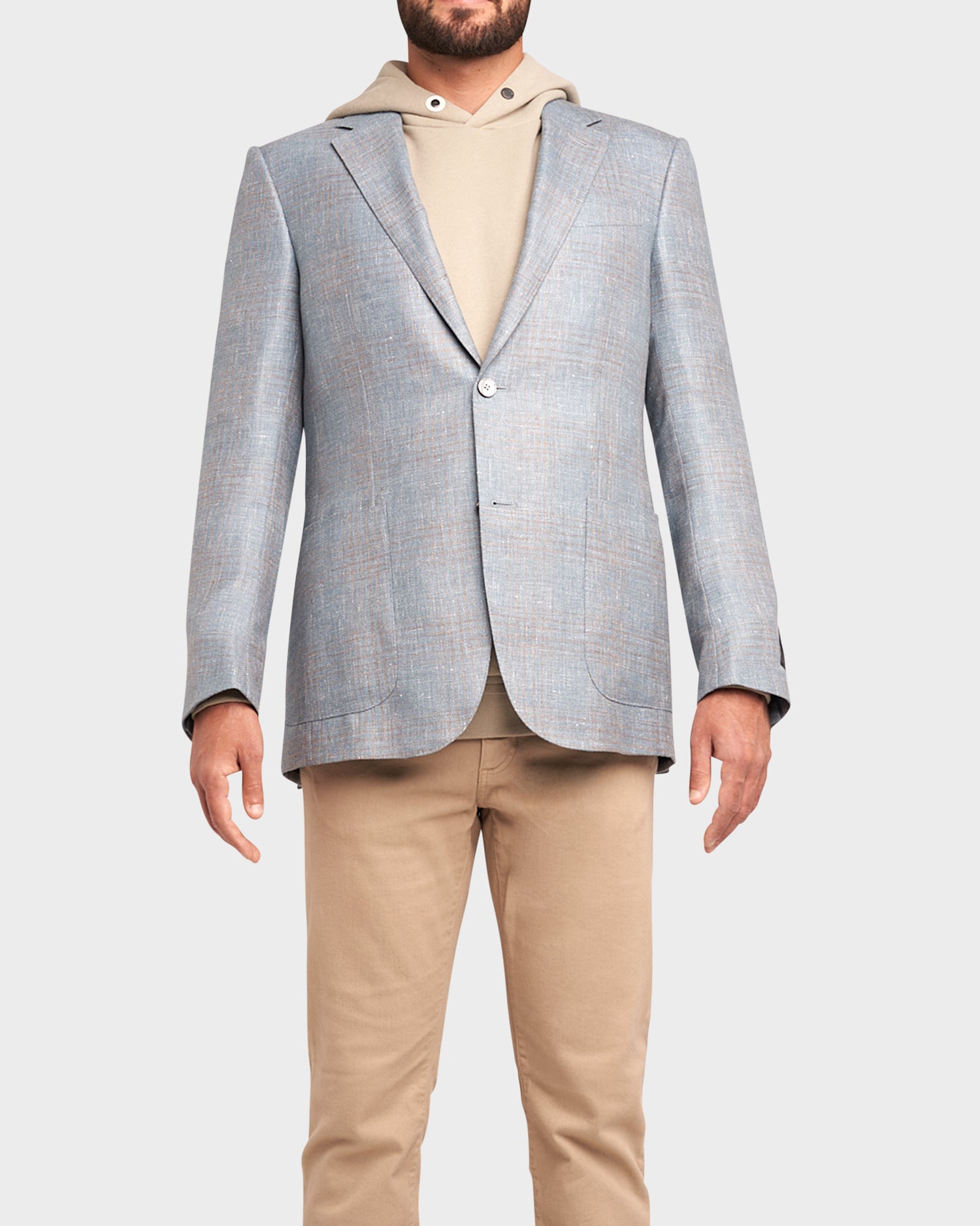 Light Blue Tan Overcheck Cashmere Linen Silk Sports Jacket