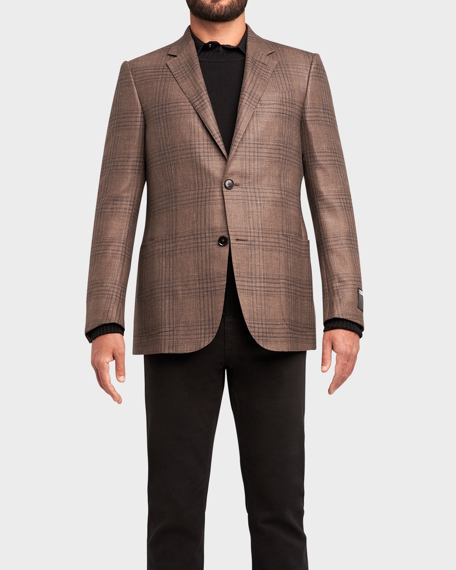 Grey Brown Charcoal Overcheck Cashmere Linen Silk Sports Jacket