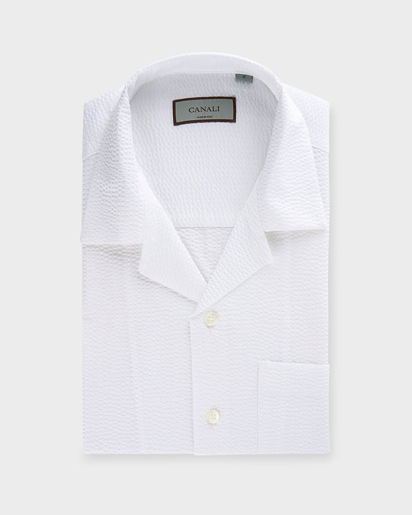 White Linen Cuban Collar Short Sleeve Shirt
