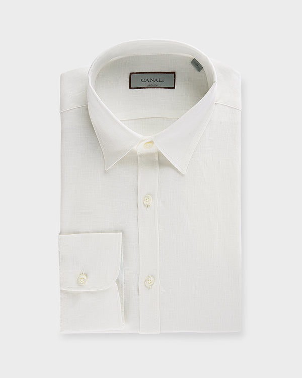 White Linen Cuban Collar Short Sleeve Shirt