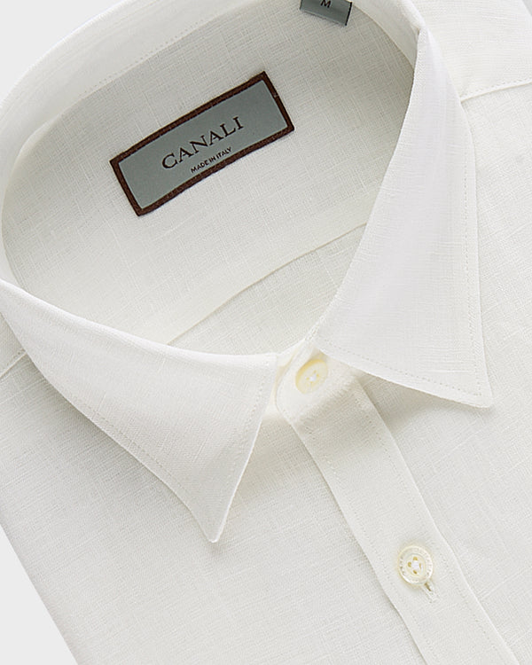 White Linen Cuban Collar Short Sleeve Shirt