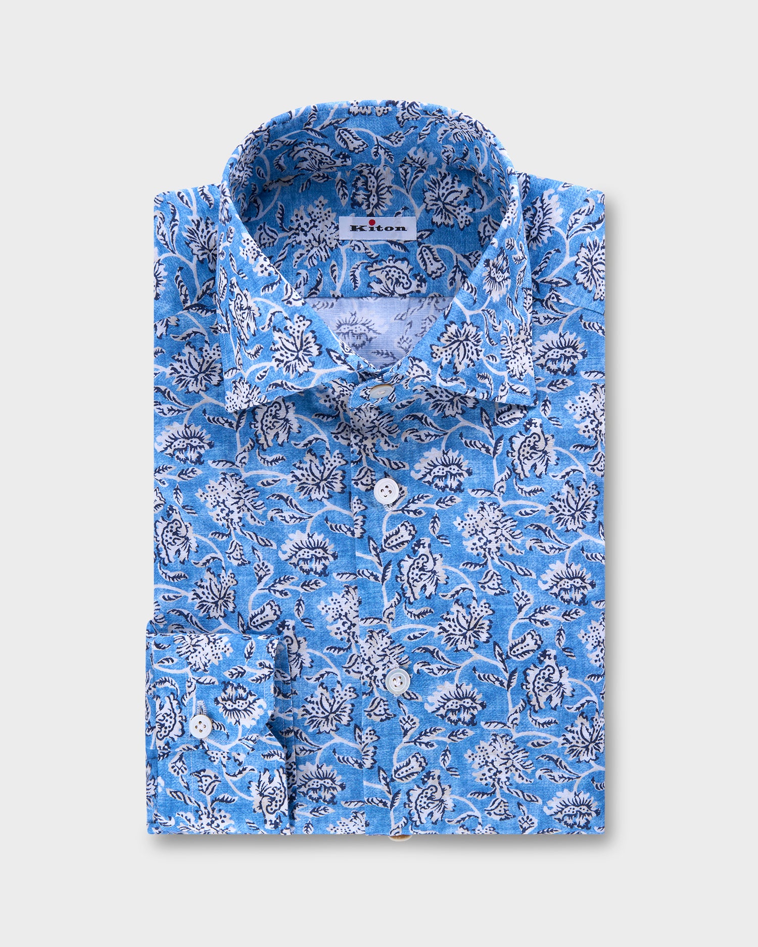 Blue and Beige Floral Linen Shirt