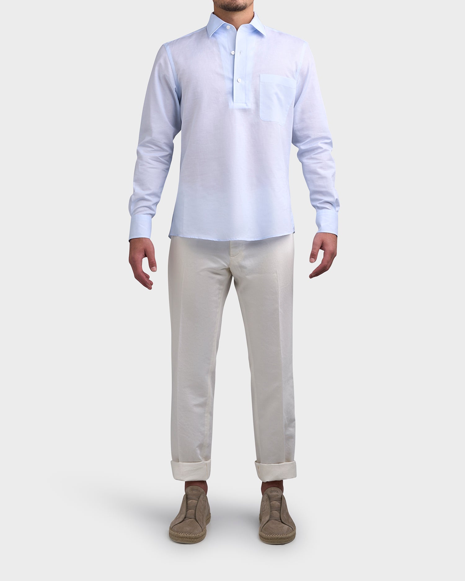 Pale Blue Patch Pocket Cotton Linen Shirt