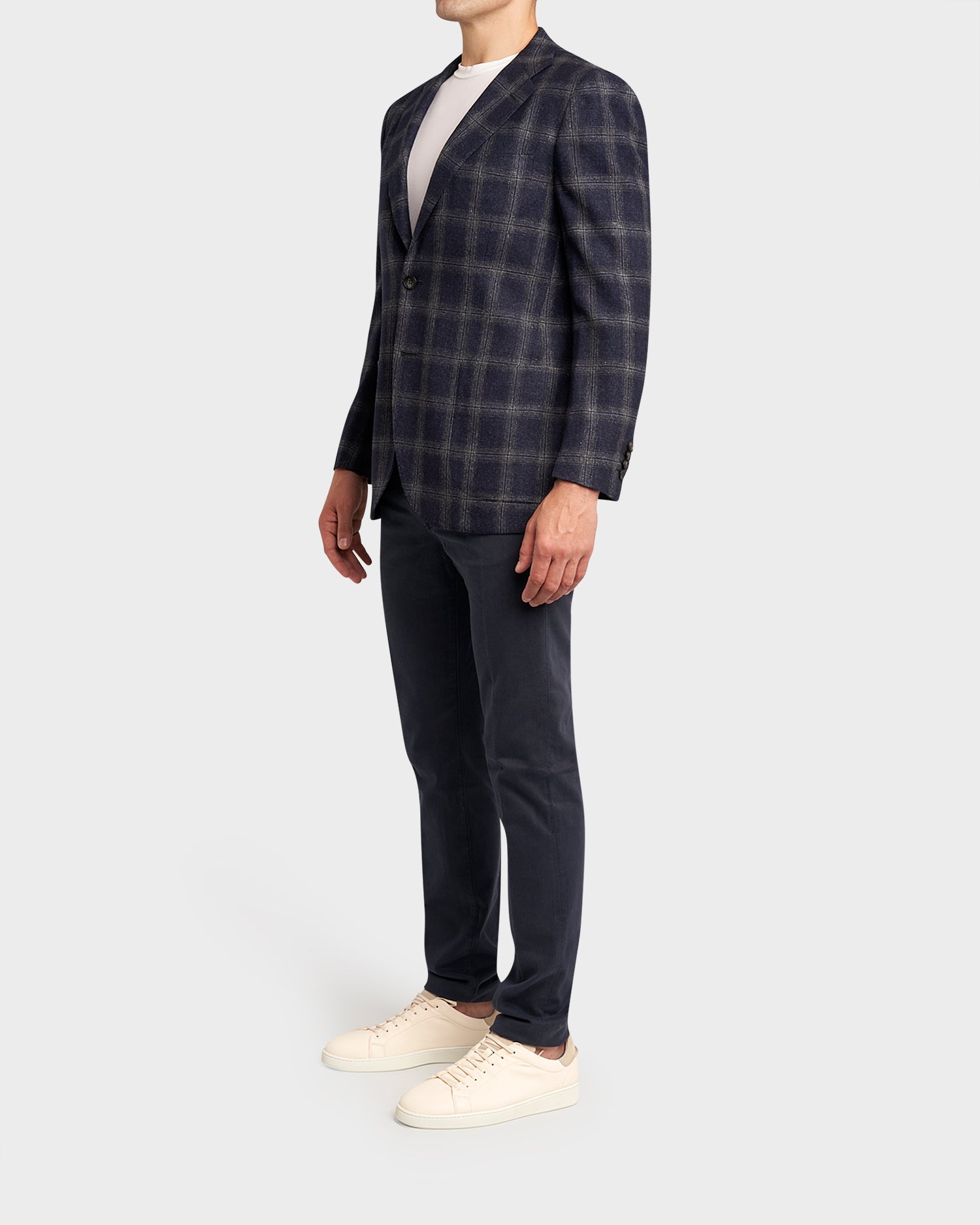 Navy And Grey Check Wool Silk Linen Sports Jacket