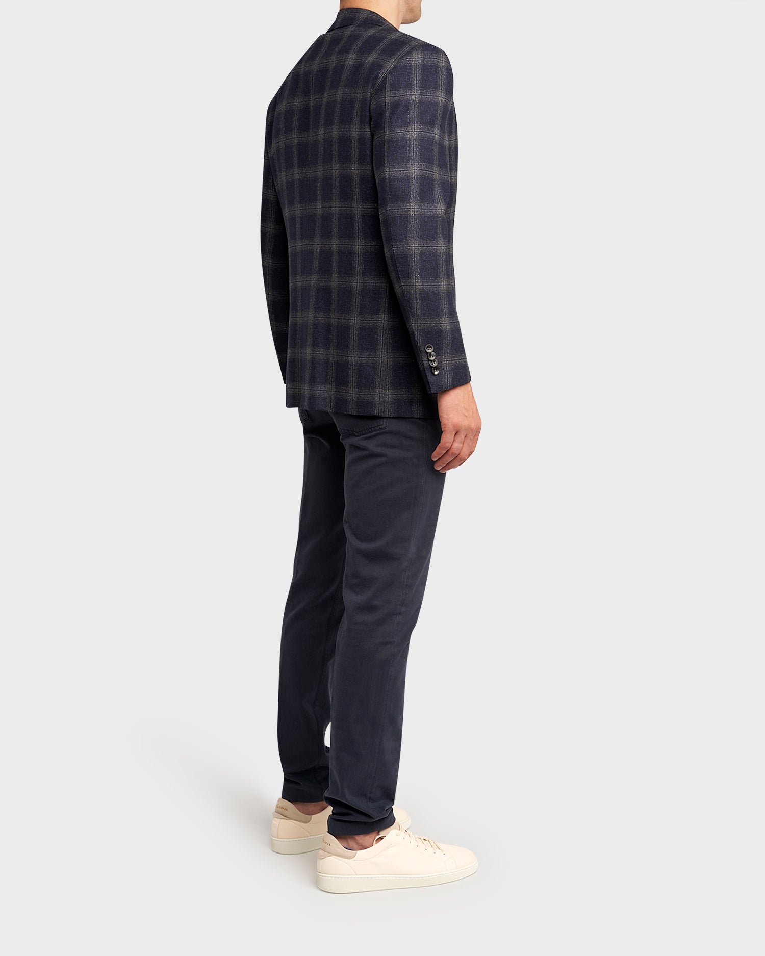 Navy And Grey Check Wool Silk Linen Sports Jacket