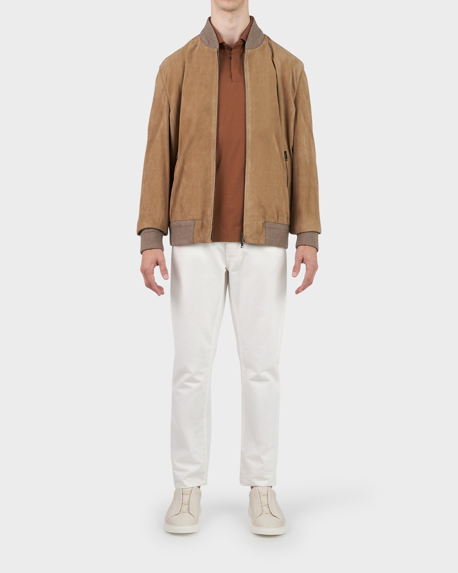 Light Brown Lambskin Suede Bomber Jacket